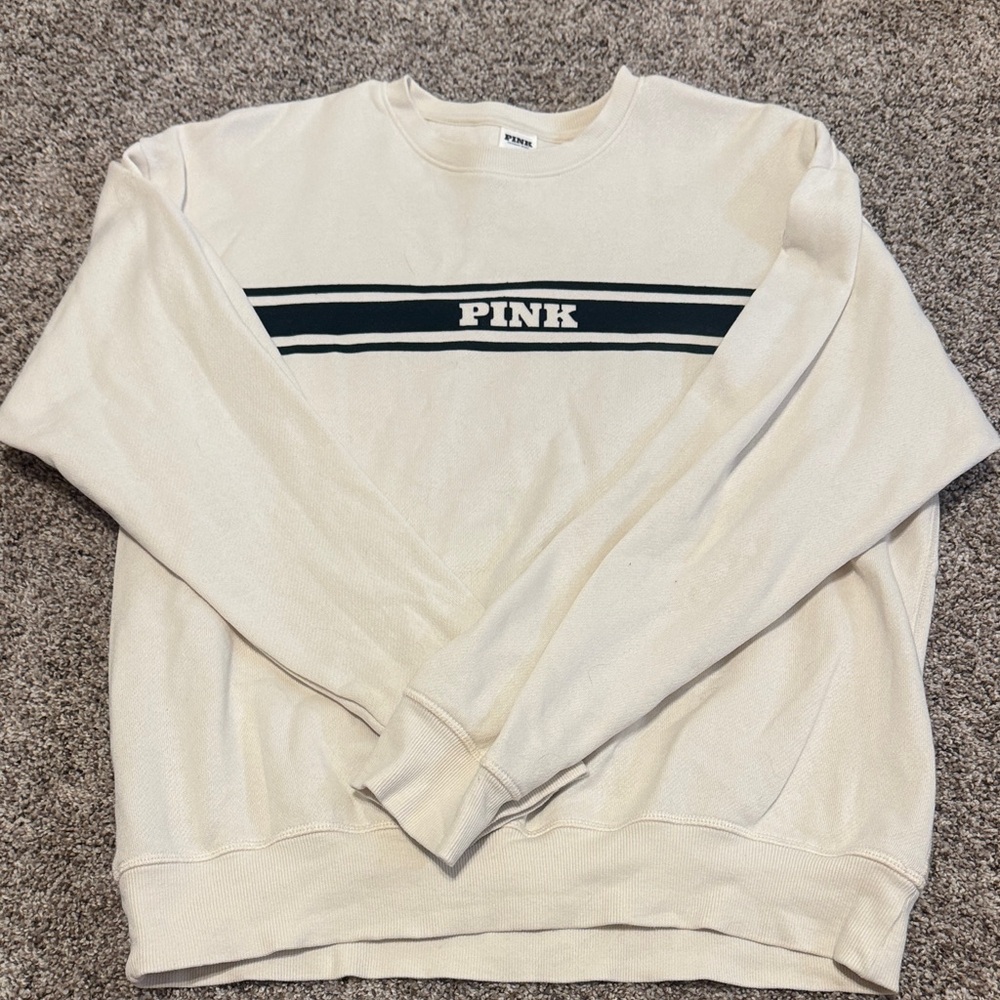 PINK Victoria's Secret Cream Sweatshirt with Black Stripe